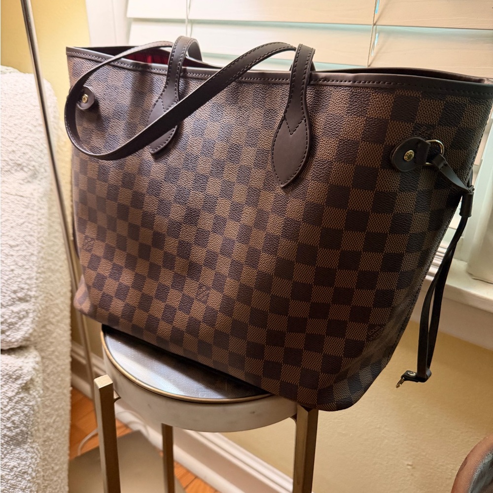 Checkered Brown Tote with Red Interior